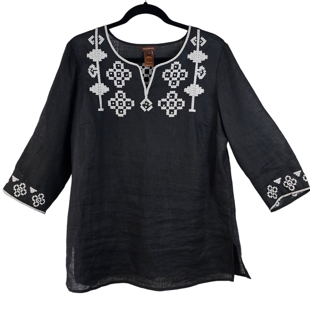 Multiples black linen top white embroidery crystals three quarter sleeves large